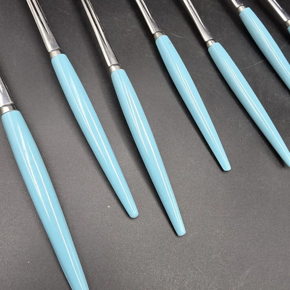 Vintage MCM Castle Stainless Steel Iced Tea Spoons Set of 7 Turquoise Japan